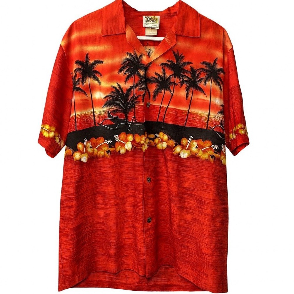 Winnie Fashion Vintage Hawaiian Shirt Red Sunset Palm Trees‎ Floral Mens Large